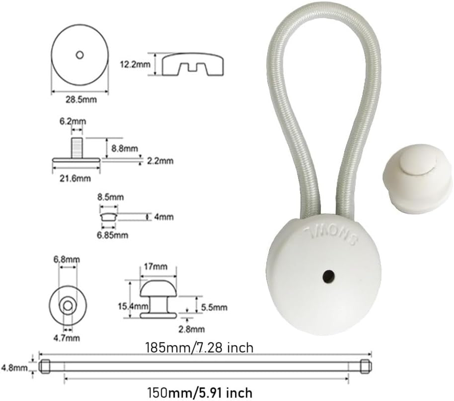 UP100 White Bungee Shock Cord Clip w Knobs For Canvas Covers 3/Sets