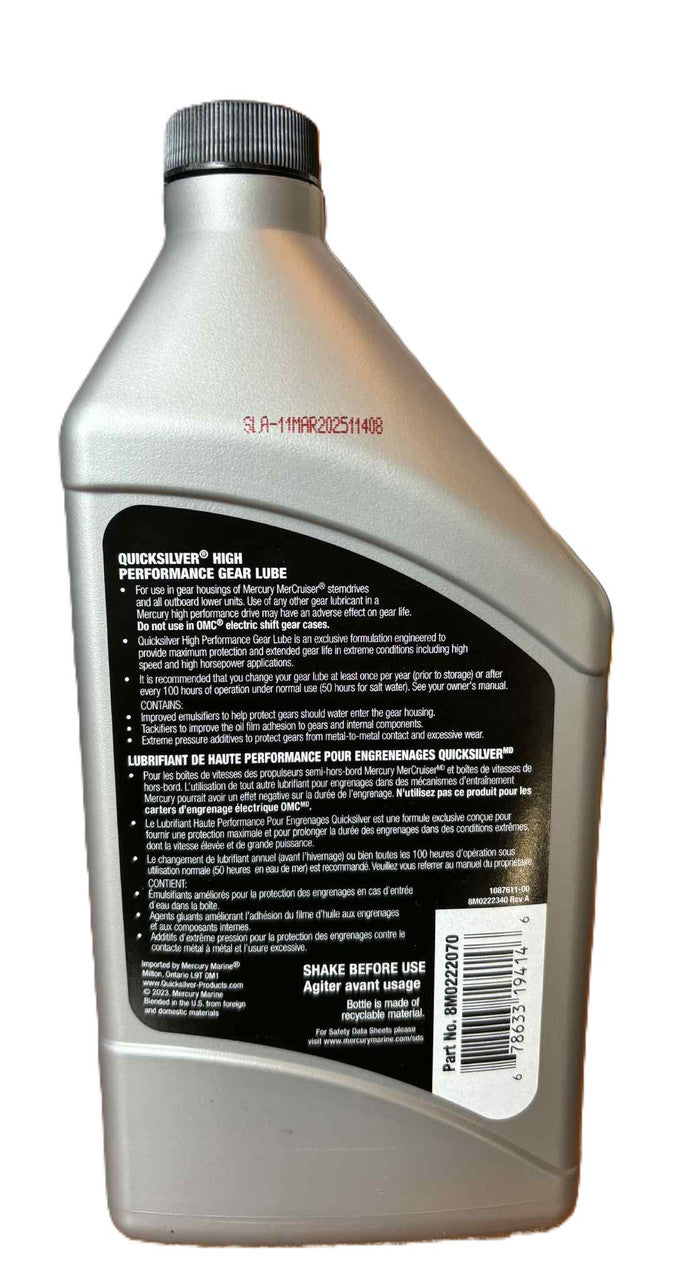 8M0222070 Quicksilver Mercury Gear Lube High Performance 75hp & Above