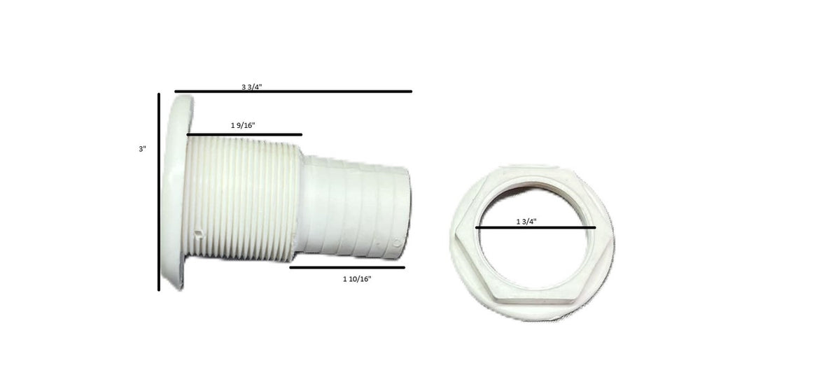 Through Hull Fitting  1 1/2"  White Plastic Marine Fitting