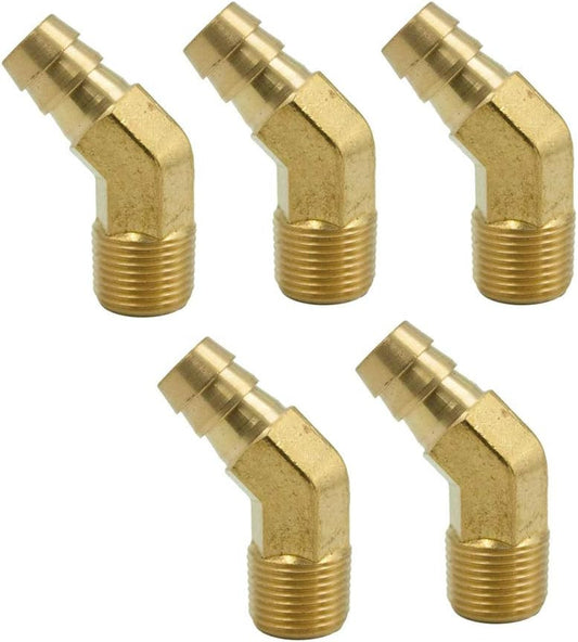 139-4B Vis 45Deg Brass Hose Barb Fitting Male Elbow, 1/4" Barbed x 1/4" NPT Male 5/PK