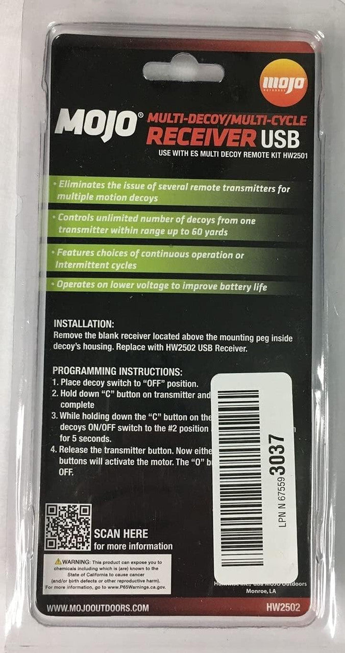 HW2501 MOJO Outdoors Remote Receiver USB for Controlling Duck Hunting Multi-Decoys
