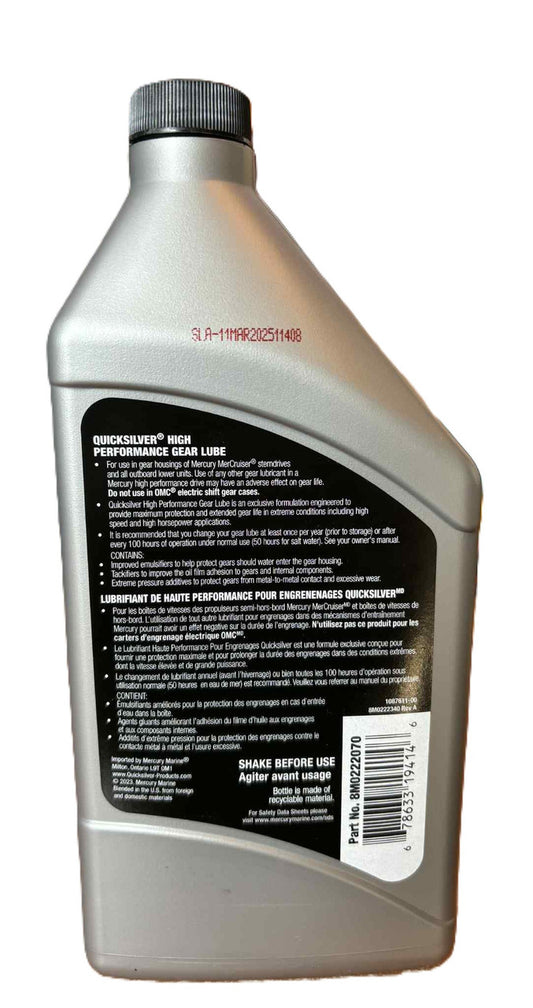 8M0222070 Quicksilver Mercury Gear Lube High Performance 75hp & Above