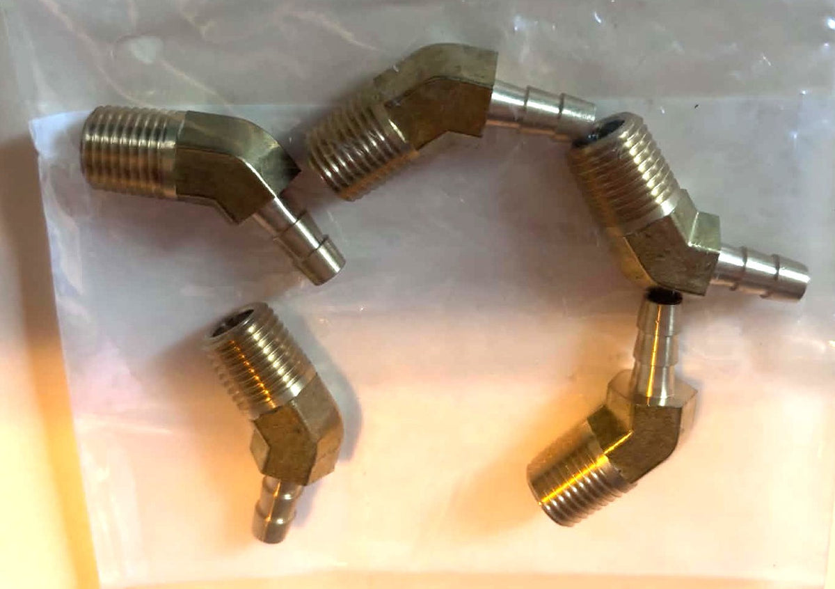 139-4B Vis 45Deg Brass Hose Barb Fitting Male Elbow, 1/4" Barbed x 1/4" NPT Male 5/PK